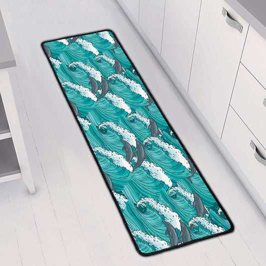 Dolphin Riding Waves Pattern Print Long Kitchen Mat