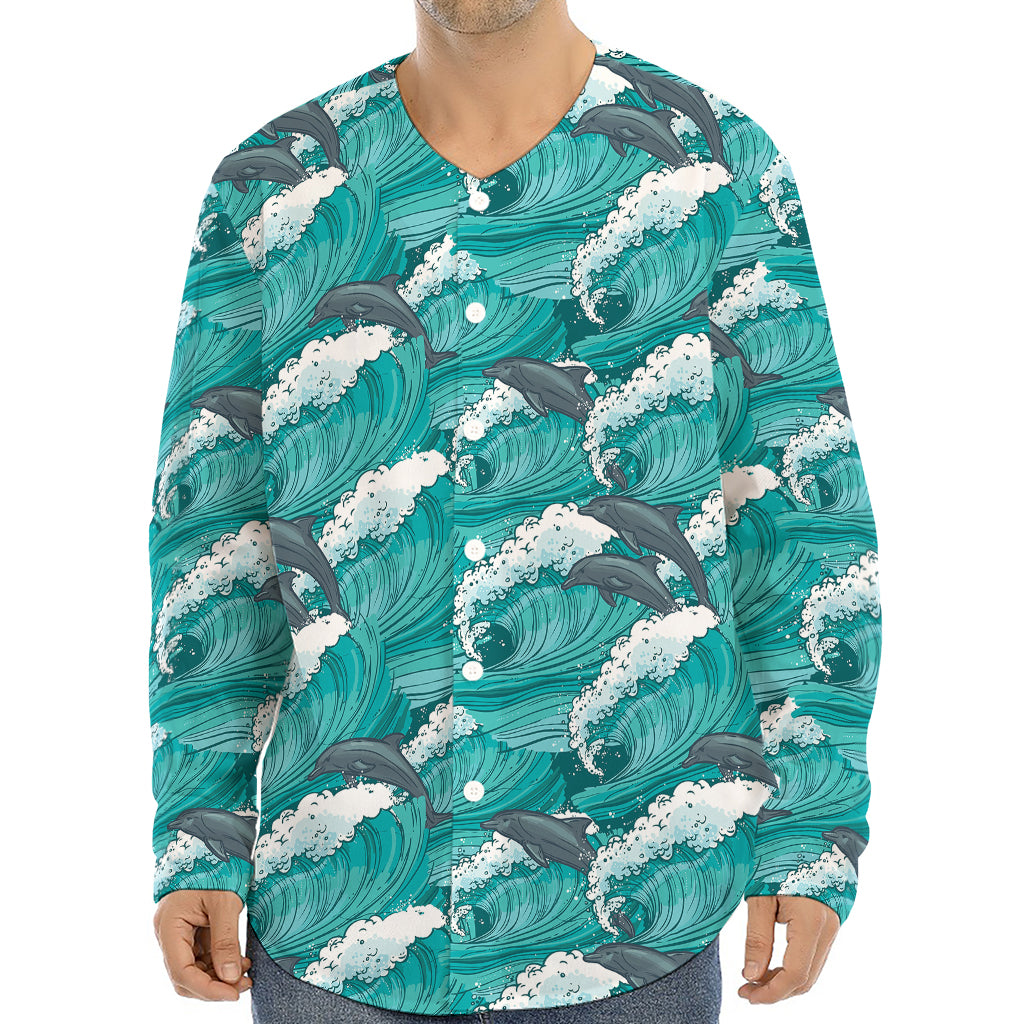 Dolphin Riding Waves Pattern Print Long Sleeve Baseball Jersey
