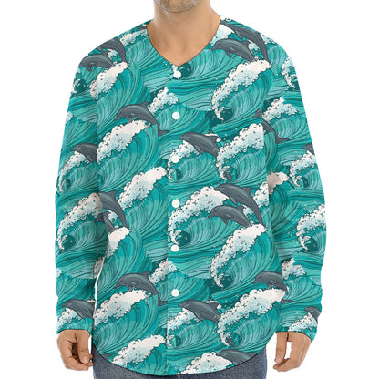 Dolphin Riding Waves Pattern Print Long Sleeve Baseball Jersey
