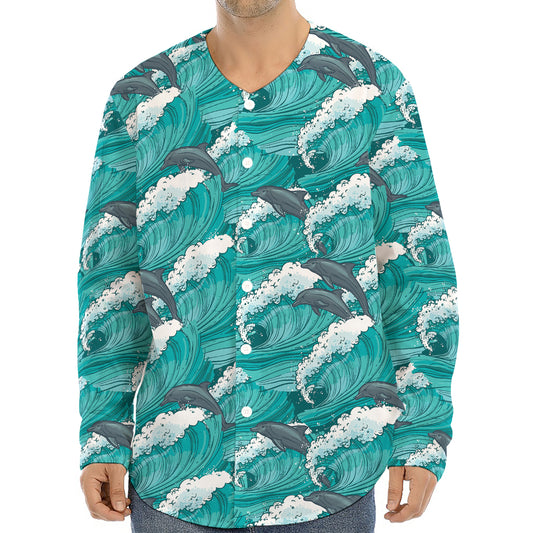 Dolphin Riding Waves Pattern Print Long Sleeve Baseball Jersey