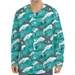 Dolphin Riding Waves Pattern Print Long Sleeve Baseball Jersey
