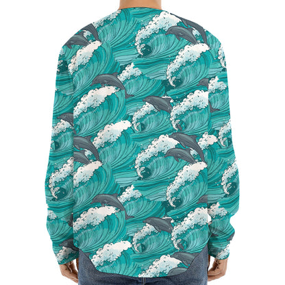 Dolphin Riding Waves Pattern Print Long Sleeve Baseball Jersey