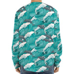 Dolphin Riding Waves Pattern Print Long Sleeve Baseball Jersey