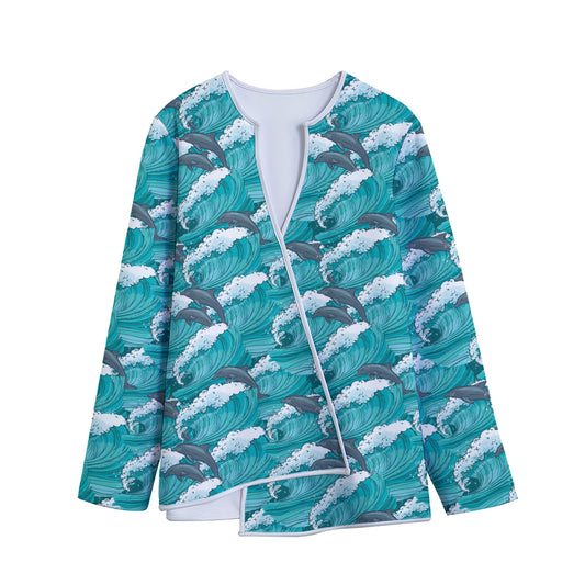 Dolphin Riding Waves Pattern Print Long Sleeve Short Coat