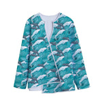 Dolphin Riding Waves Pattern Print Long Sleeve Short Coat