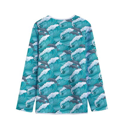 Dolphin Riding Waves Pattern Print Long Sleeve Short Coat