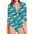 Dolphin Riding Waves Pattern Print Long Sleeve Swimsuit