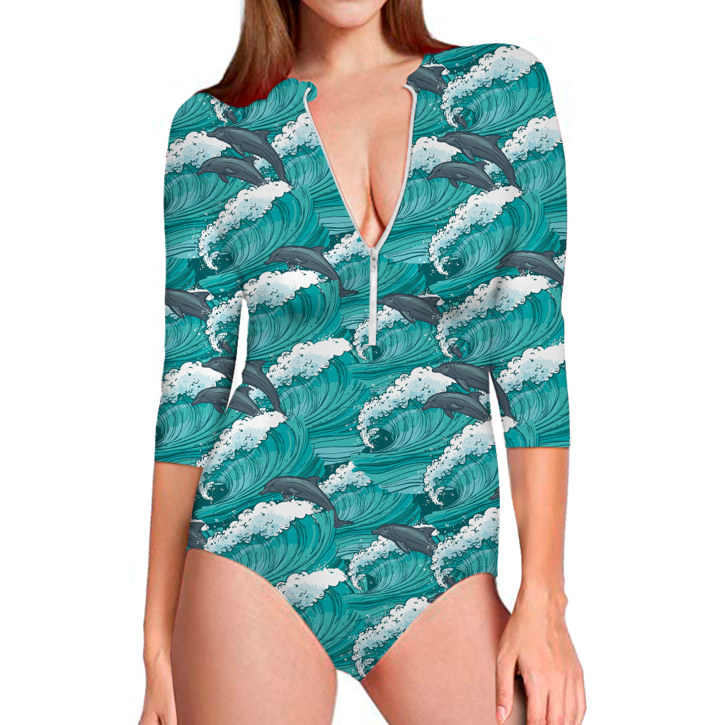 Dolphin Riding Waves Pattern Print Long Sleeve Swimsuit