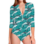 Dolphin Riding Waves Pattern Print Long Sleeve Swimsuit