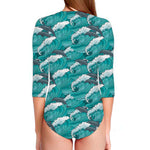 Dolphin Riding Waves Pattern Print Long Sleeve Swimsuit