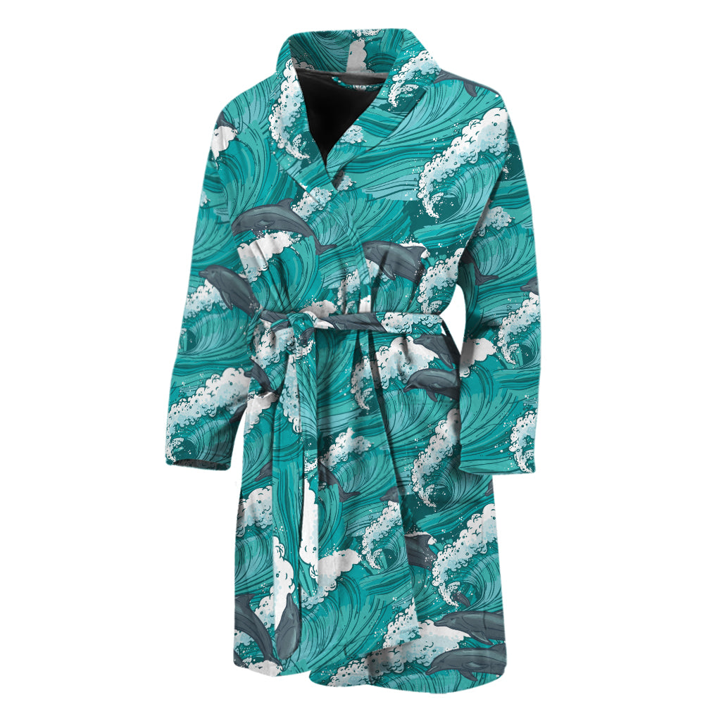 Dolphin Riding Waves Pattern Print Men's Bathrobe