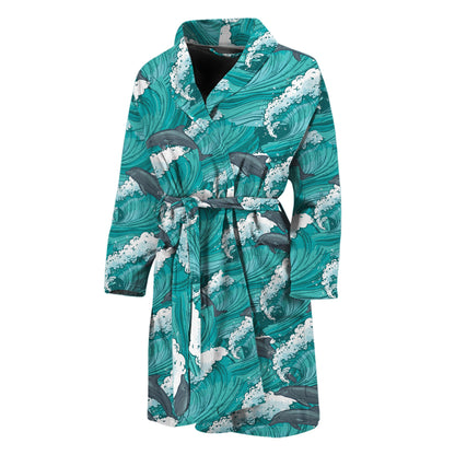 Dolphin Riding Waves Pattern Print Men's Bathrobe