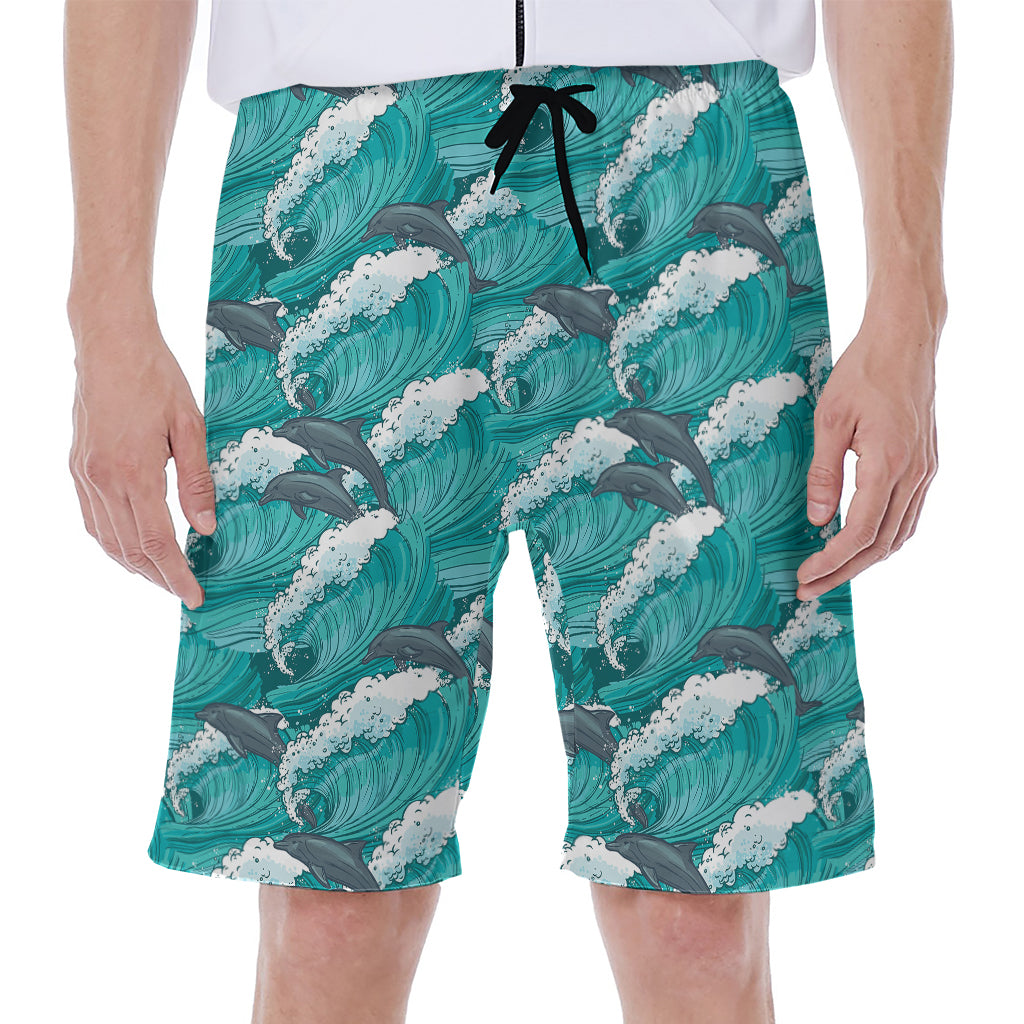 Dolphin Riding Waves Pattern Print Men's Beach Shorts