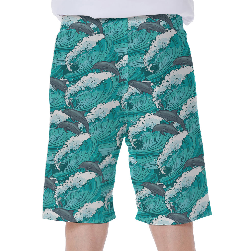 Dolphin Riding Waves Pattern Print Men's Beach Shorts