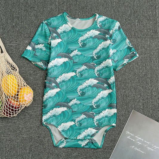 Dolphin Riding Waves Pattern Print Men's Bodysuit