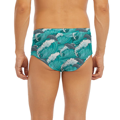 Dolphin Riding Waves Pattern Print Men's Briefs