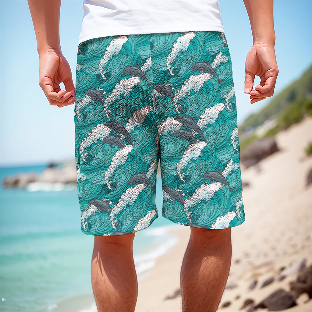 Dolphin Riding Waves Pattern Print Men's Cargo Shorts