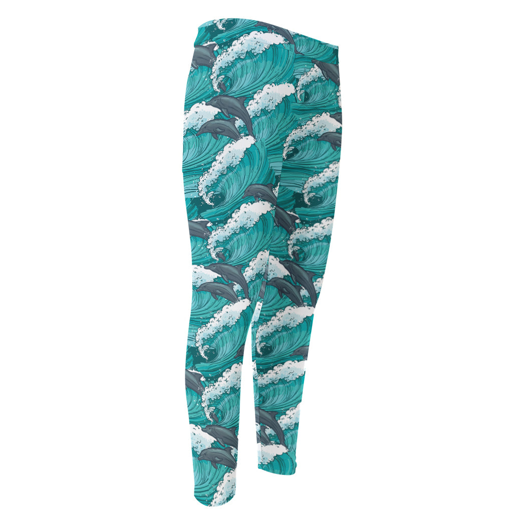Dolphin Riding Waves Pattern Print Men's Compression Pants