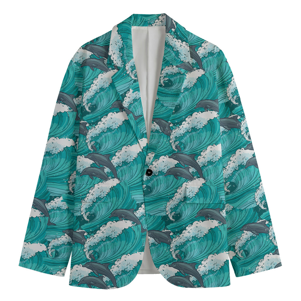 Dolphin Riding Waves Pattern Print Men's Cotton Blazer