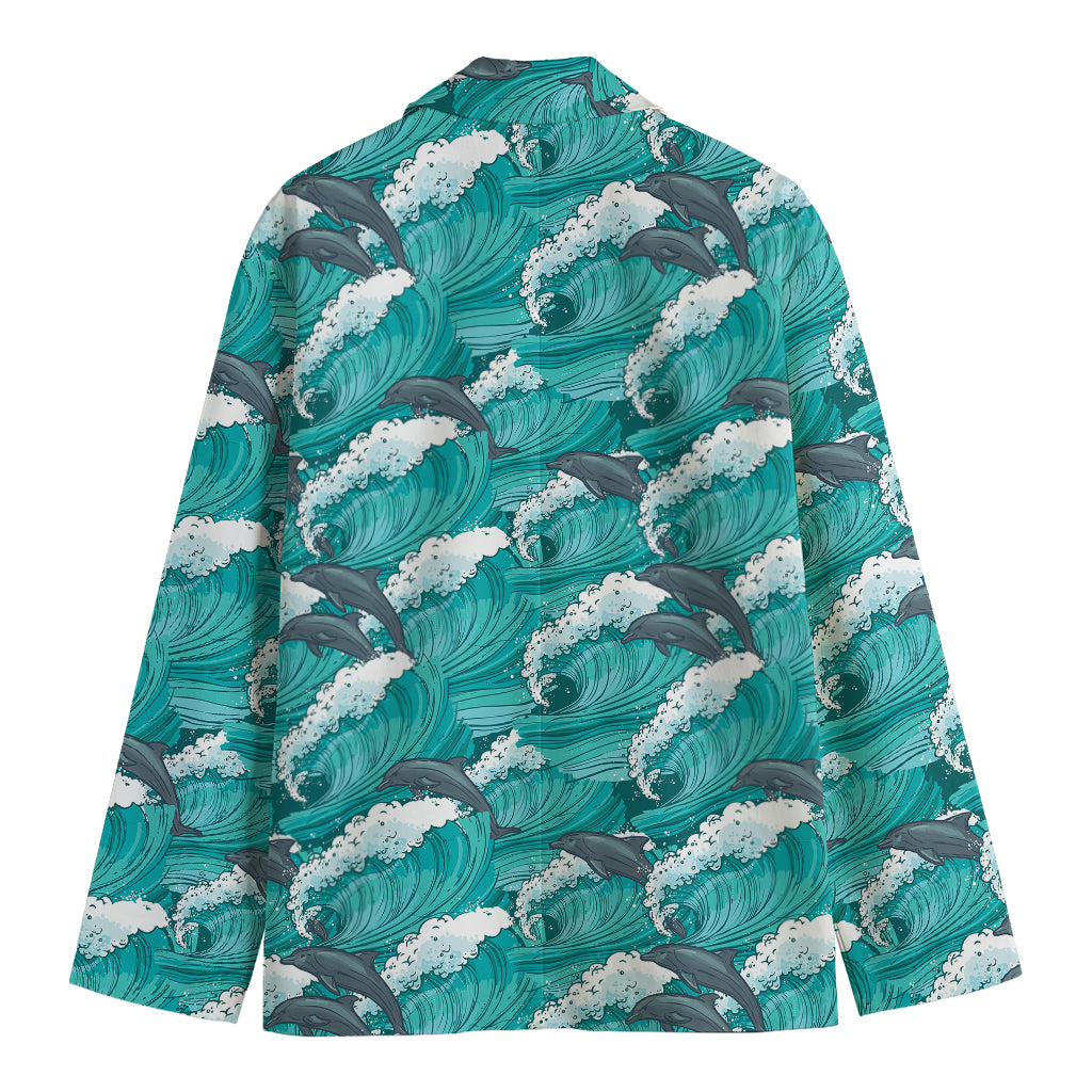 Dolphin Riding Waves Pattern Print Men's Cotton Blazer