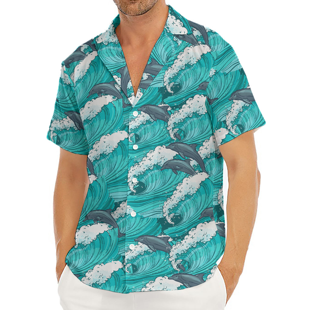 Dolphin Riding Waves Pattern Print Men's Deep V-Neck Shirt