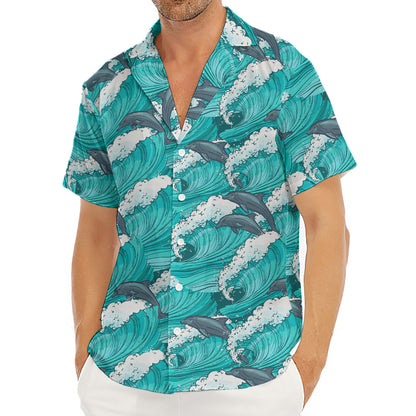 Dolphin Riding Waves Pattern Print Men's Deep V-Neck Shirt