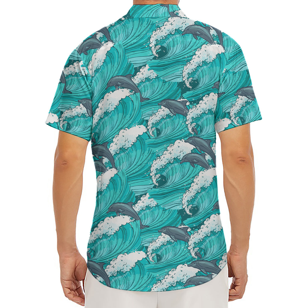 Dolphin Riding Waves Pattern Print Men's Deep V-Neck Shirt