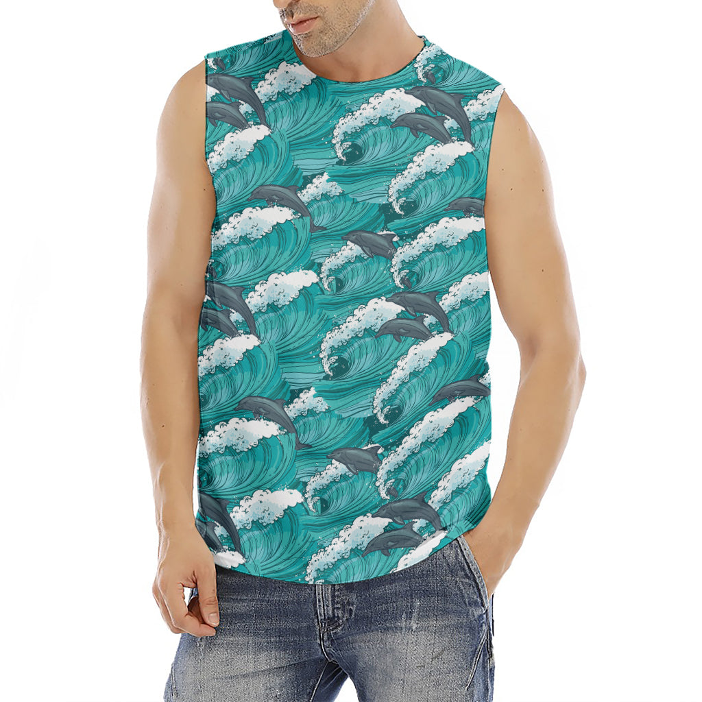 Dolphin Riding Waves Pattern Print Men's Fitness Tank Top