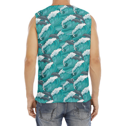 Dolphin Riding Waves Pattern Print Men's Fitness Tank Top
