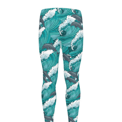 Dolphin Riding Waves Pattern Print Men's leggings