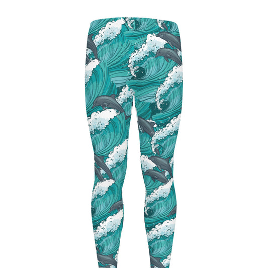 Dolphin Riding Waves Pattern Print Men's leggings