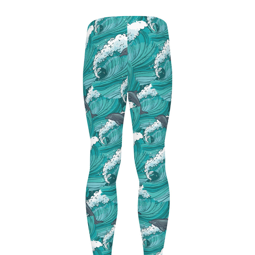 Dolphin Riding Waves Pattern Print Men's leggings