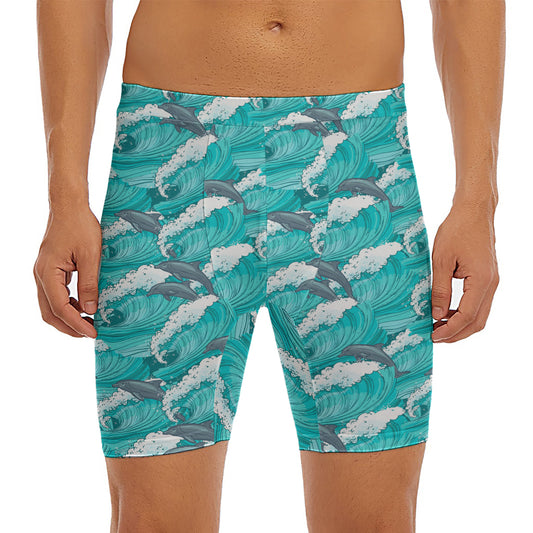 Dolphin Riding Waves Pattern Print Men's Long Boxer Briefs