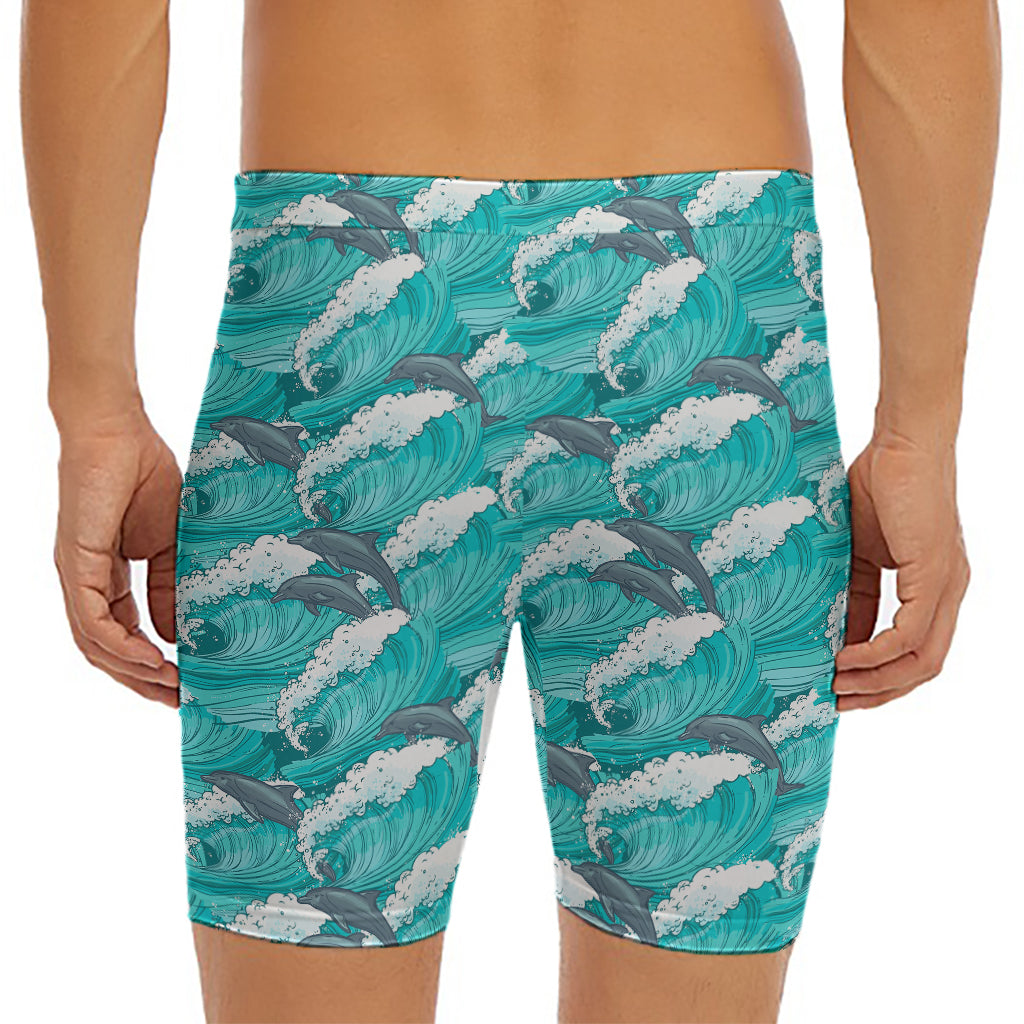 Dolphin Riding Waves Pattern Print Men's Long Boxer Briefs