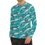 Dolphin Riding Waves Pattern Print Men's Long Sleeve Rash Guard