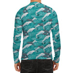 Dolphin Riding Waves Pattern Print Men's Long Sleeve Rash Guard