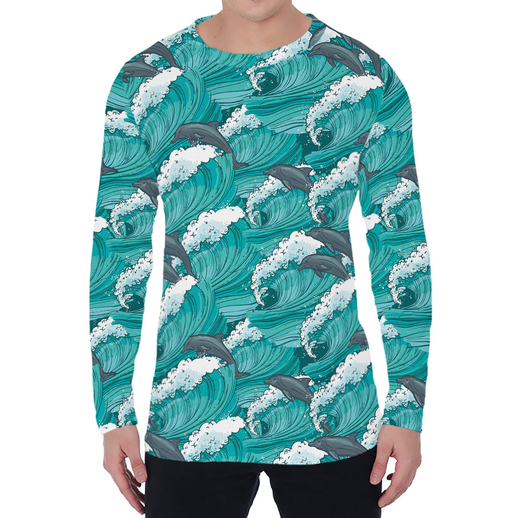 Dolphin Riding Waves Pattern Print Men's Long Sleeve T-Shirt