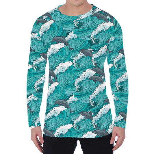 Dolphin Riding Waves Pattern Print Men's Long Sleeve T-Shirt
