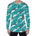 Dolphin Riding Waves Pattern Print Men's Long Sleeve T-Shirt