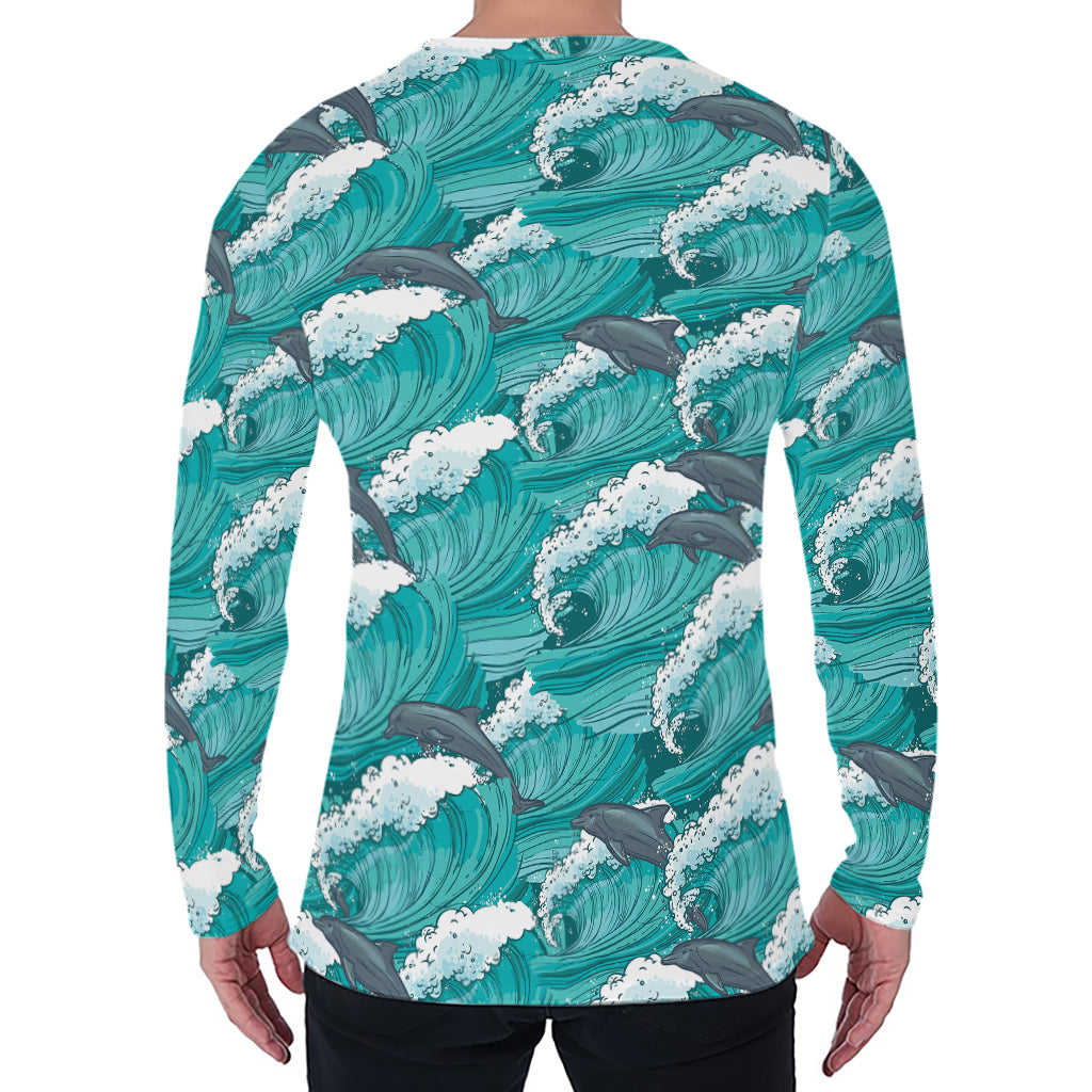 Dolphin Riding Waves Pattern Print Men's Long Sleeve T-Shirt