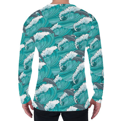 Dolphin Riding Waves Pattern Print Men's Long Sleeve T-Shirt