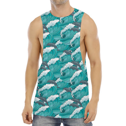 Dolphin Riding Waves Pattern Print Men's Muscle Tank Top
