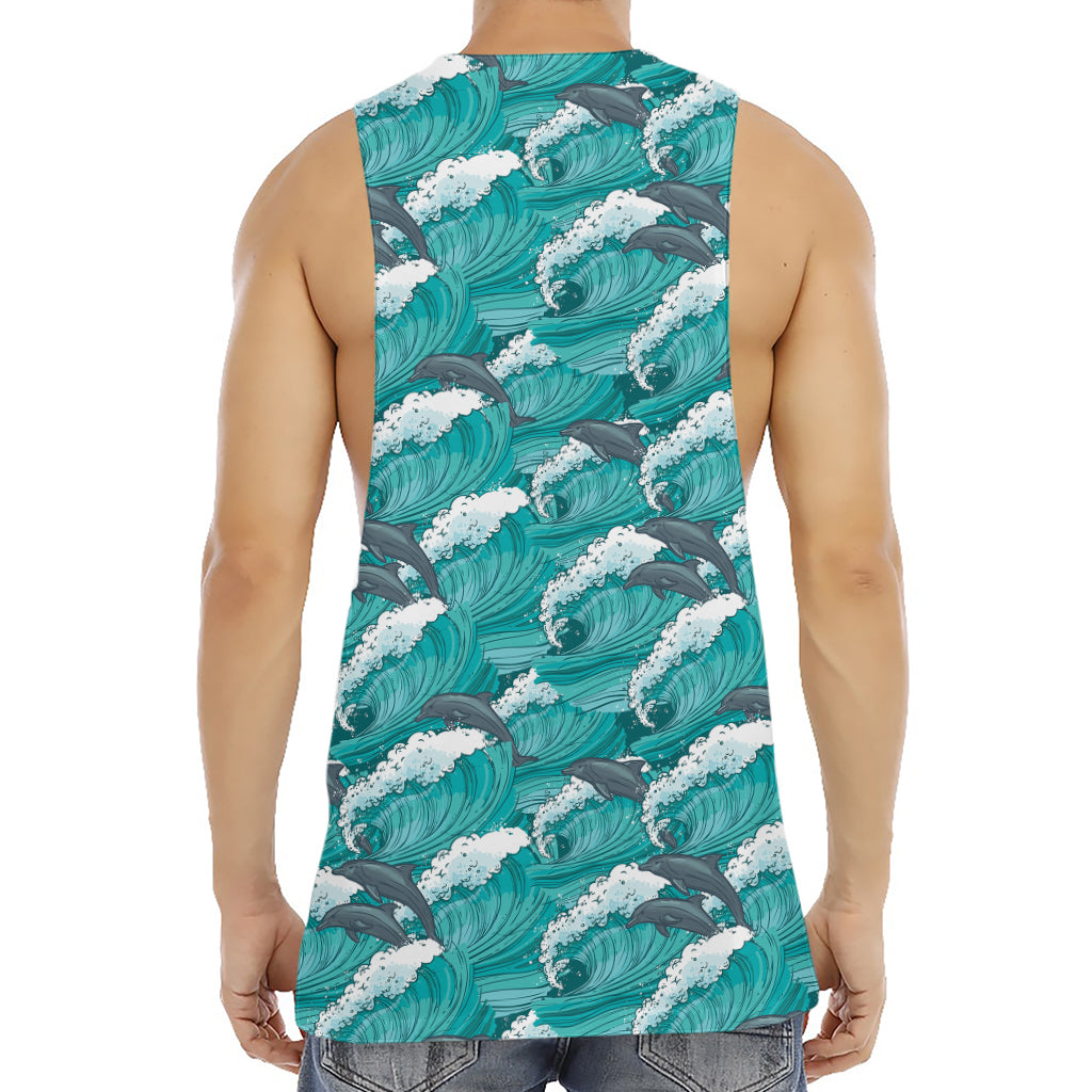 Dolphin Riding Waves Pattern Print Men's Muscle Tank Top