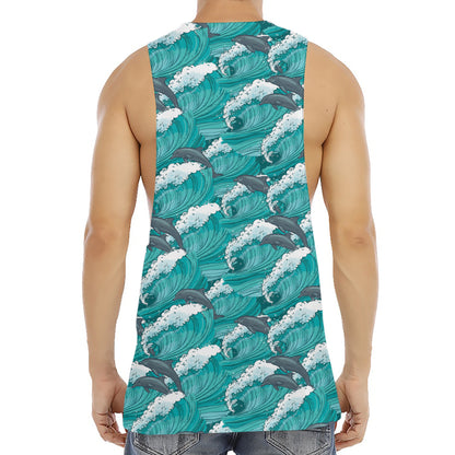 Dolphin Riding Waves Pattern Print Men's Muscle Tank Top