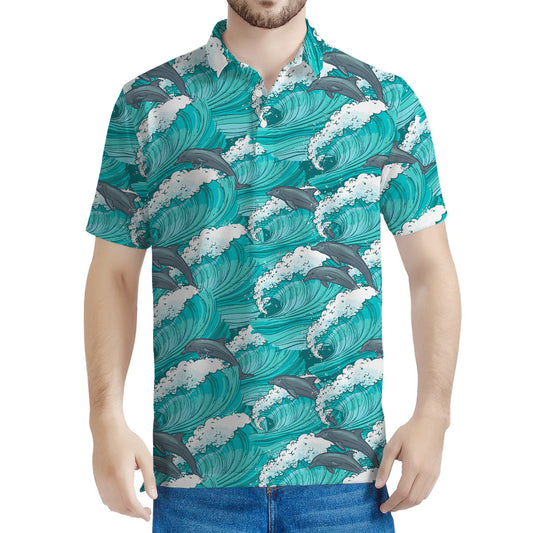 Dolphin Riding Waves Pattern Print Men's Polo Shirt