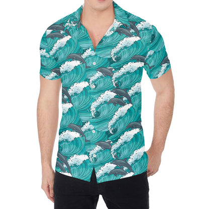 Dolphin Riding Waves Pattern Print Men's Shirt