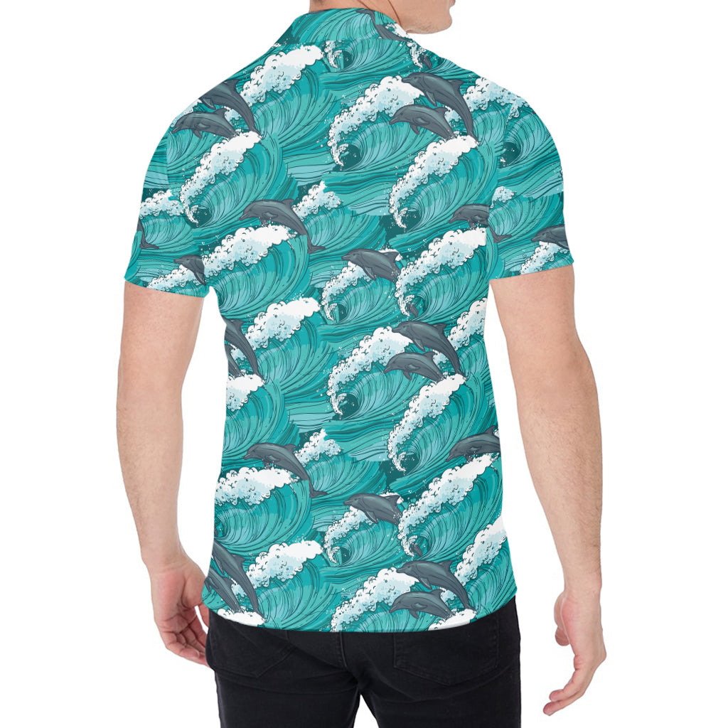 Dolphin Riding Waves Pattern Print Men's Shirt