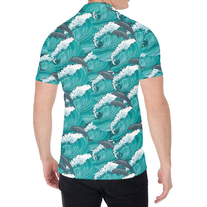 Dolphin Riding Waves Pattern Print Men's Shirt
