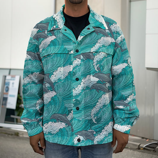 Dolphin Riding Waves Pattern Print Men's Shirt Jacket