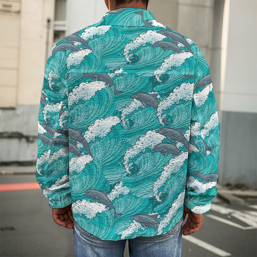 Dolphin Riding Waves Pattern Print Men's Shirt Jacket